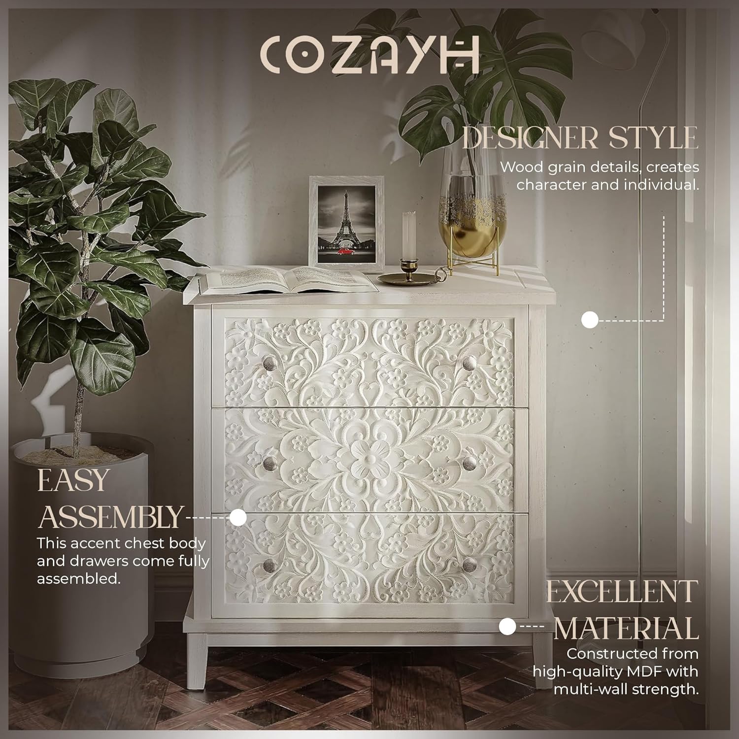 ホワイトウォッシュ加工の木製3段引き出し付き完成品ドレッサー - Drawer Dresser White のレビューと価格