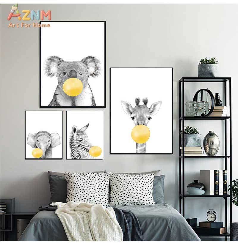 ベビー保育園黄色い風船動物ウォールアートポスタープリントゼブ - Baby Nursery Yellow のレビューと価格