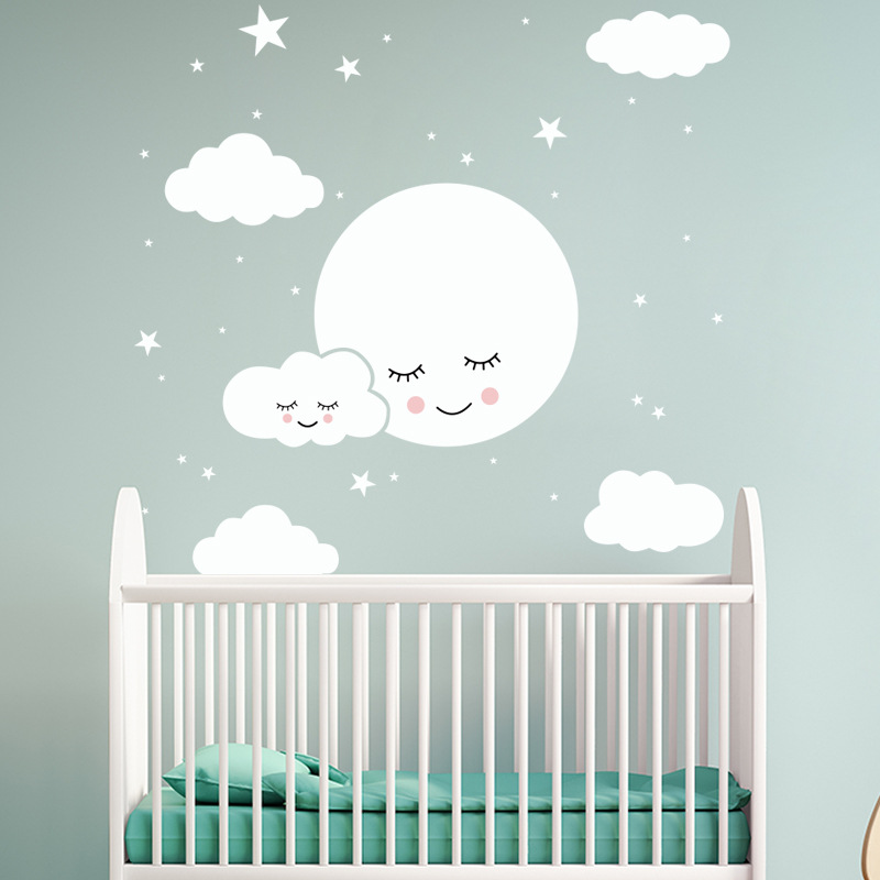 白漫画笑顔雲星ウォールステッカーキッズベビールーム装飾壁画寝 - Baby Nursery Mural Wallpaper のレビューと価格