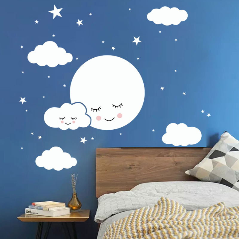 白漫画笑顔雲星ウォールステッカーキッズベビールーム装飾壁画寝 - Baby Nursery Mural Wallpaper のレビューと価格