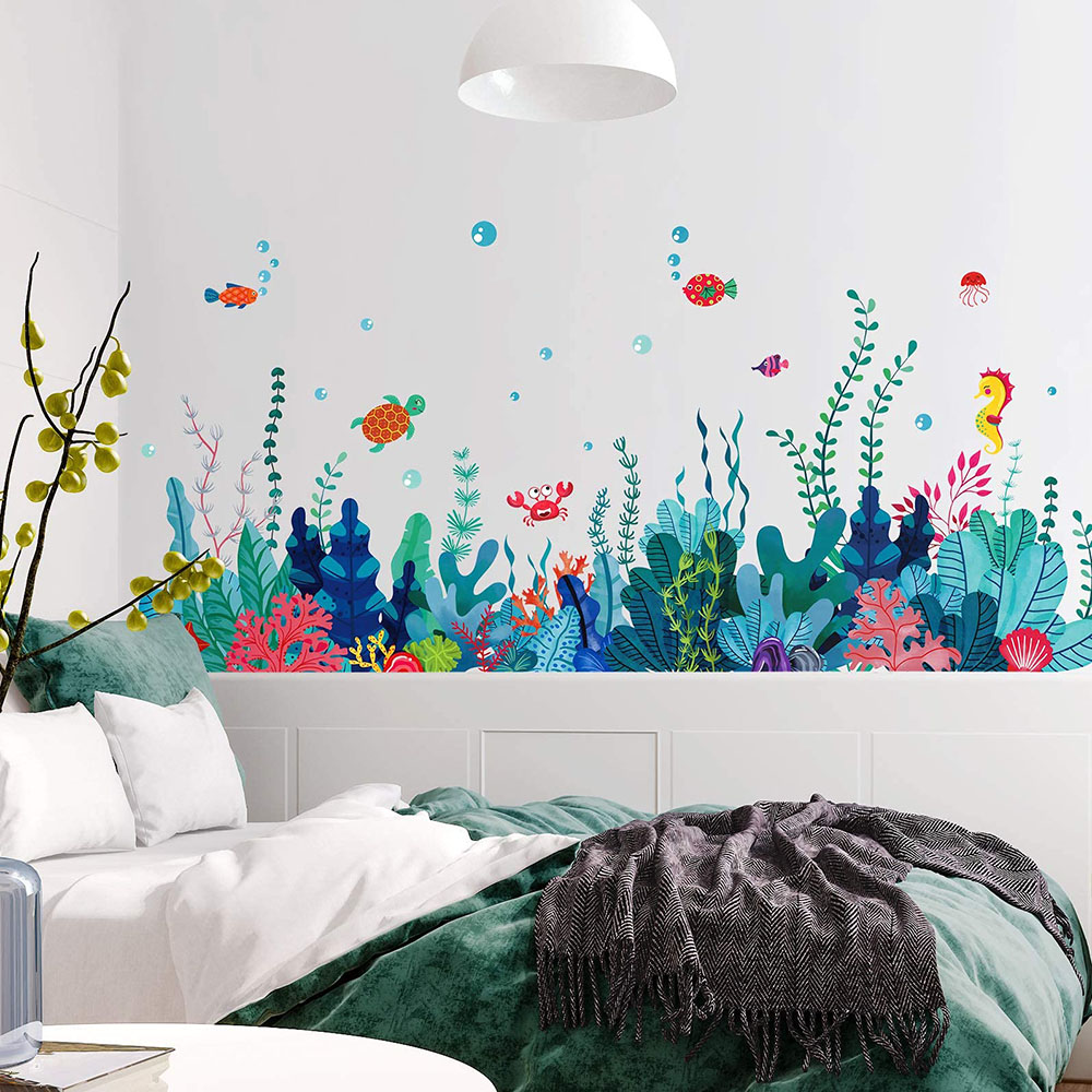 大きな海草の壁ステッカー、バスルーム、寝室、サンゴ、海藻、魚 - Baby Nursery Under The Sea のレビューと価格
