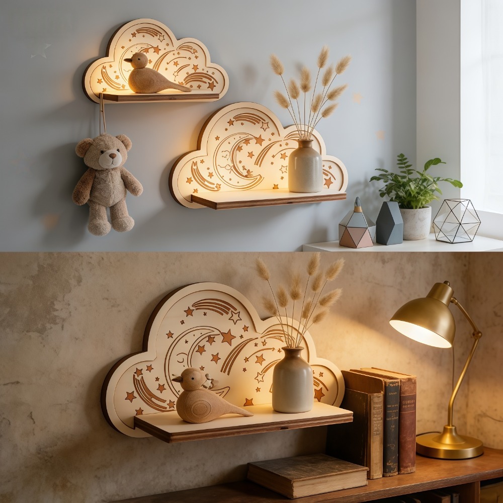 木製クラウドウォールシェルフ、星と月の形をしたフローティング - Baby Nursery Hooks のレビューと価格