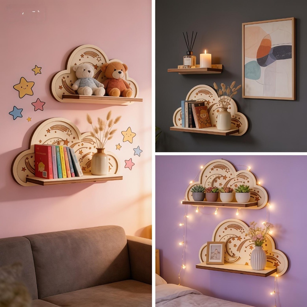 木製クラウドウォールシェルフ、星と月の形をしたフローティング - Baby Nursery Hooks のレビューと価格
