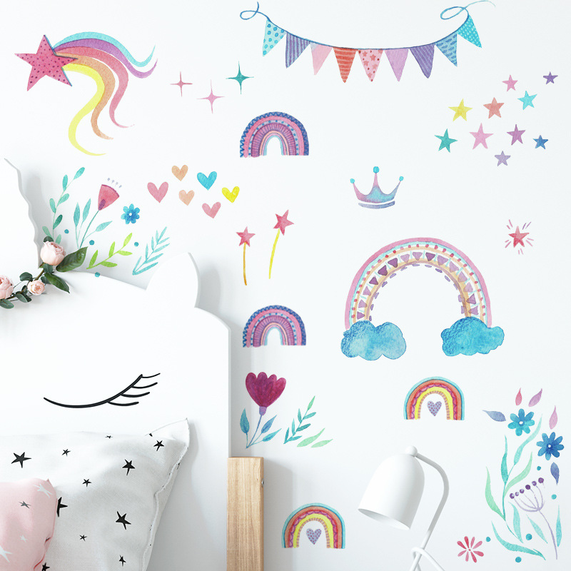 漫画の虹色の星のウォールステッカー、ベビールームの装飾壁画、 - Baby Nursery Mural Wallpaper のレビューと価格