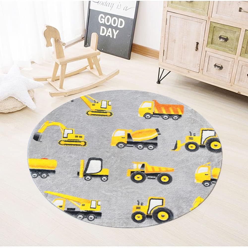 グレーの建設車両ラウンドラグ、黄色の掘削機トラック、赤ちゃん - Baby Nursery Yellow のレビューと価格