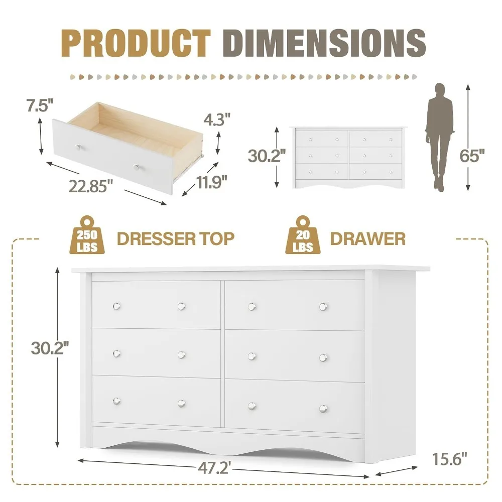 新入荷！最安値！米国発送！モダンな白い木製ドレッサー（6段引 - Drawer Dresser White のレビューと価格