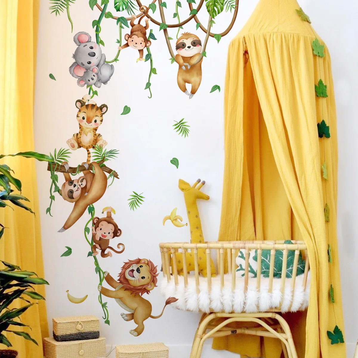 森の動物ライオンナマケモノ猿の枝葉水彩ウォールステッカー女の - Baby Nursery Wallpaper Girl のレビューと価格