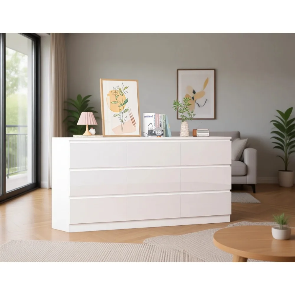 大型70インチ9段引き出し付きドレッサー、電源コンセント付き - Drawer Dresser White のレビューと価格