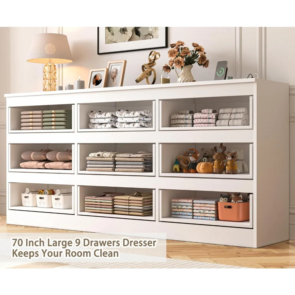 大型70インチ9段引き出し付きドレッサー、電源コンセント付き - Drawer Dresser White のレビューと価格