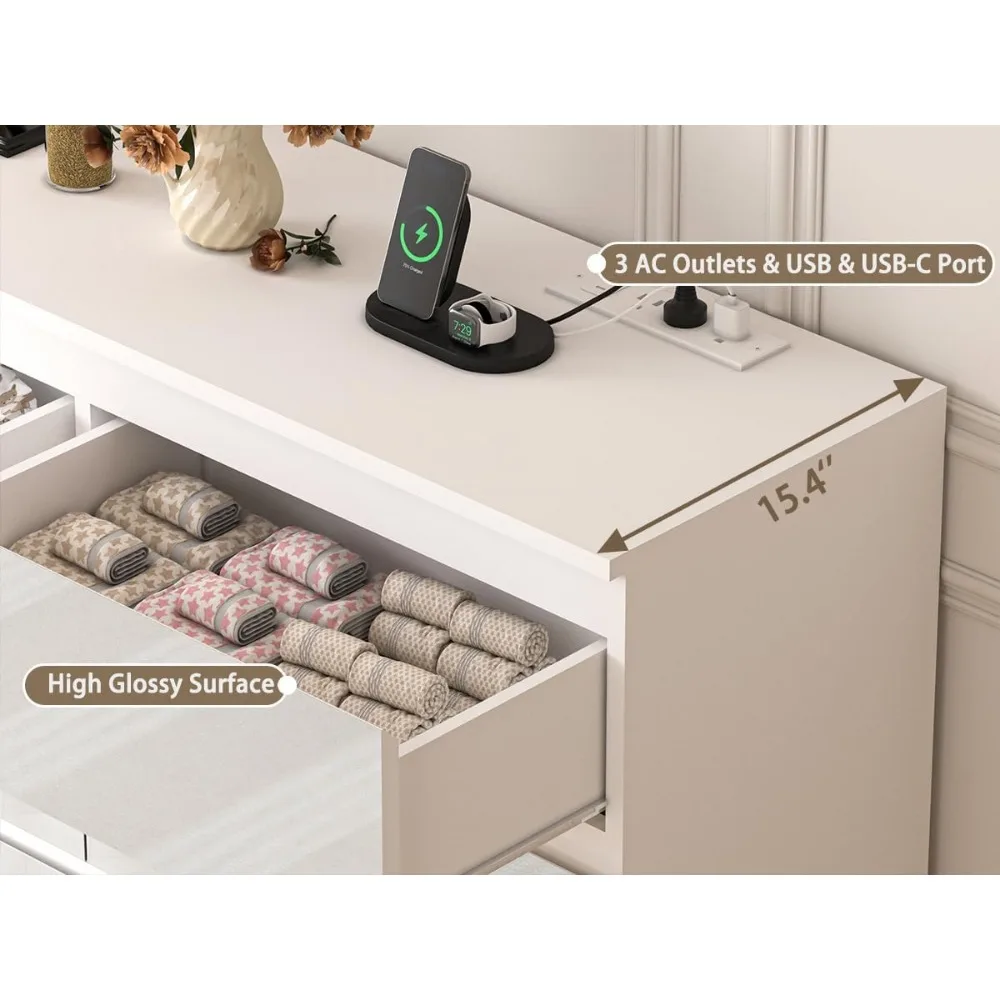 大型70インチ9段引き出し付きドレッサー、電源コンセント付き - Drawer Dresser White のレビューと価格