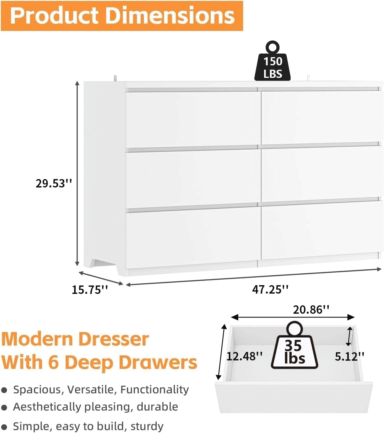 ホワイトウッド6段引き出しドレッサー、寝室用、深型引き出し、 - Drawer Dresser White のレビューと価格