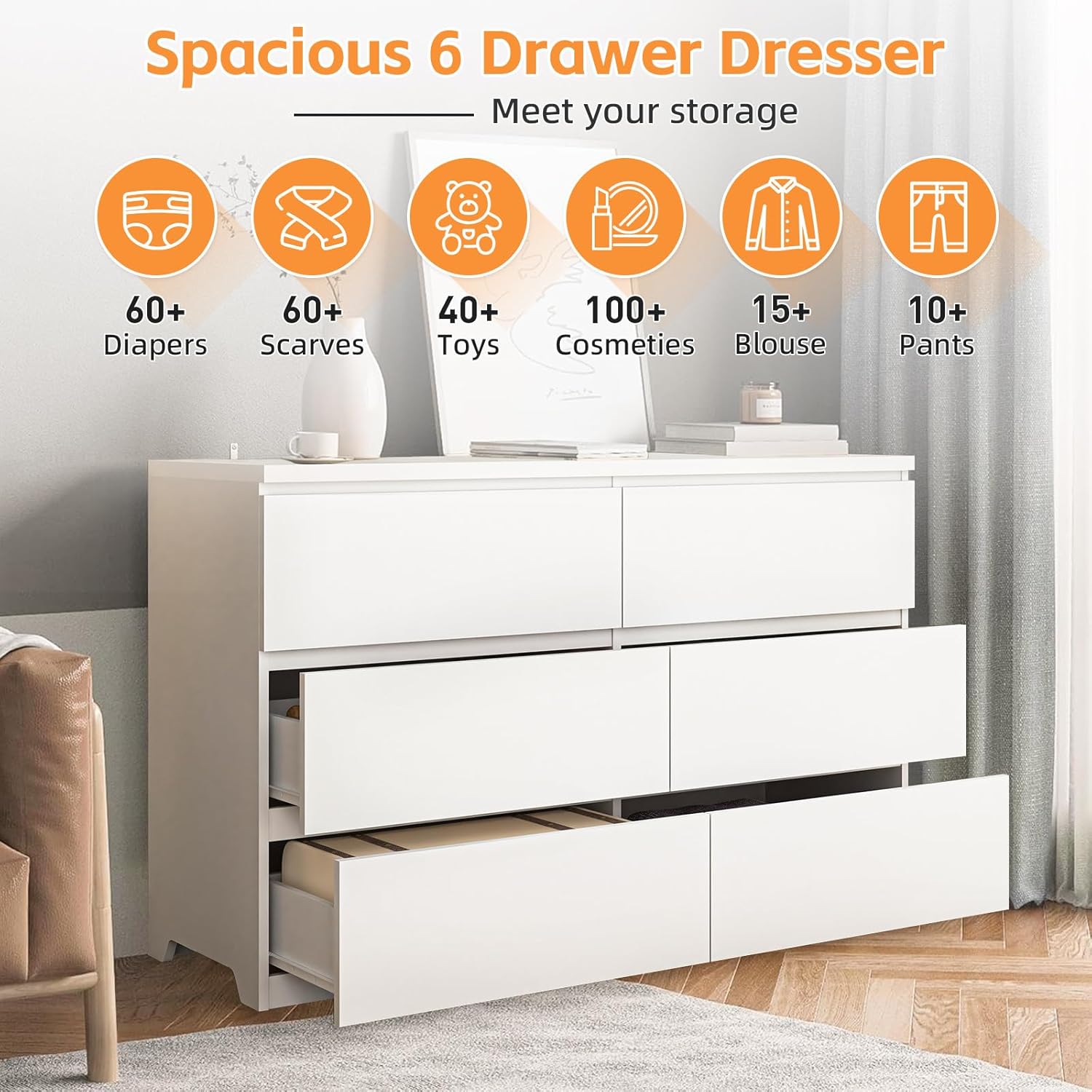 ホワイトウッド6段引き出しドレッサー、寝室用、深型引き出し、 - Drawer Dresser White のレビューと価格