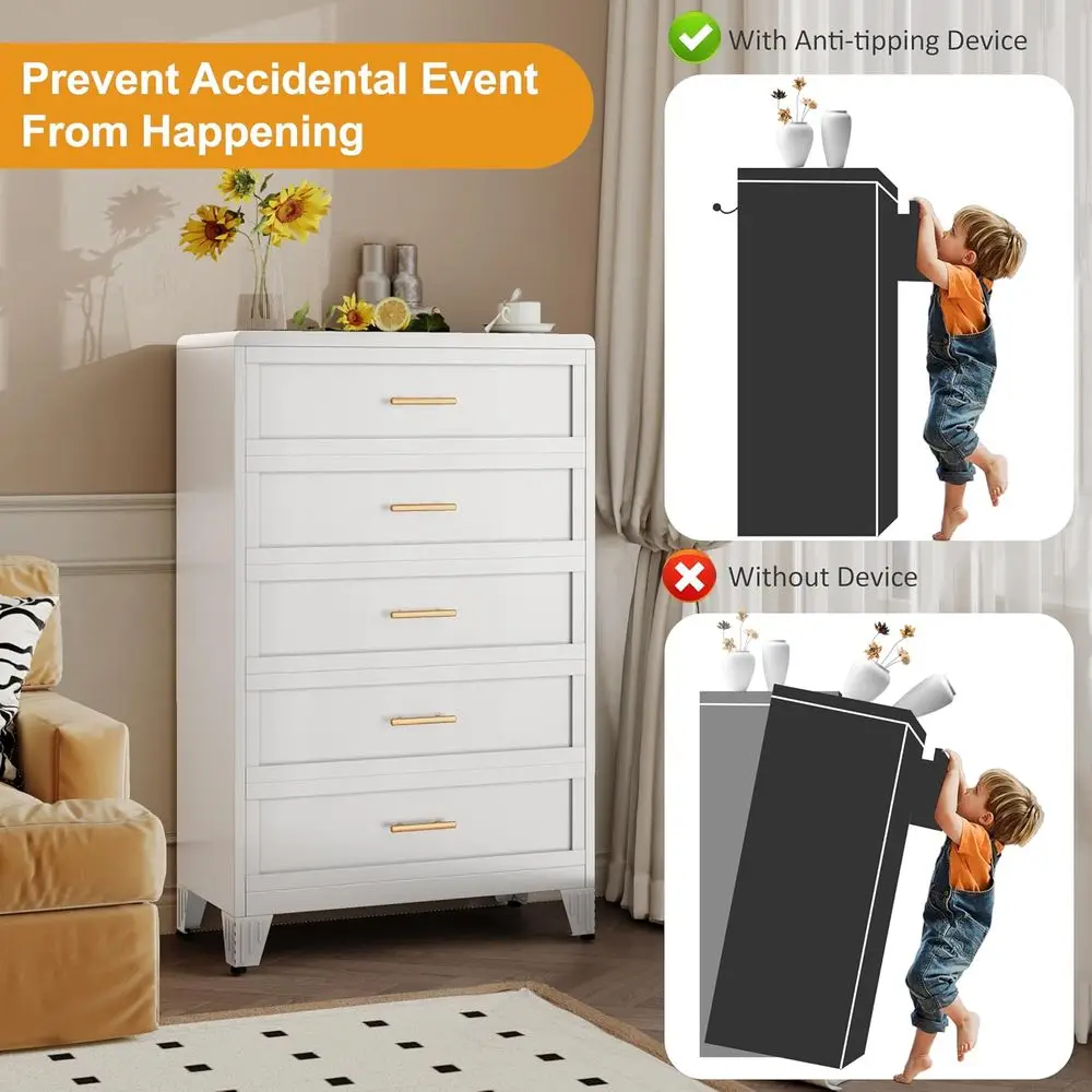 5段引き出し付き寝室用ドレッサー、金属製ハンドル付き、リビン - Drawer Dresser White のレビューと価格