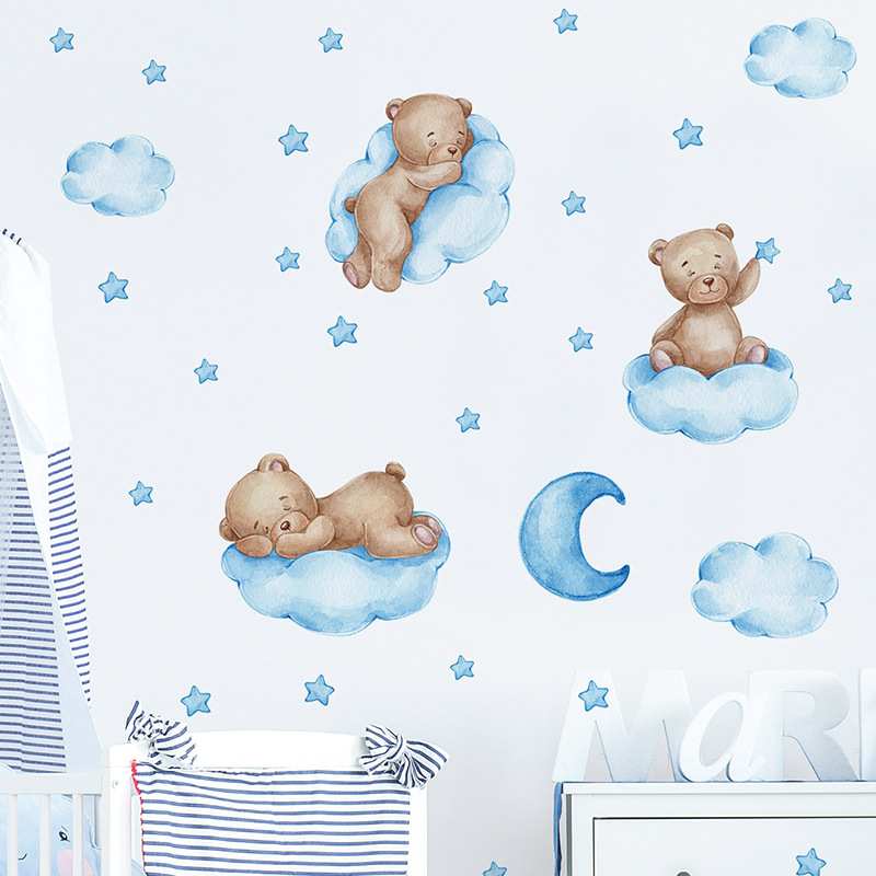 漫画ブルーテディベアムーンウォールステッカー子供部屋ベビー保 - Baby Nursery Wallpaper Girl のレビューと価格