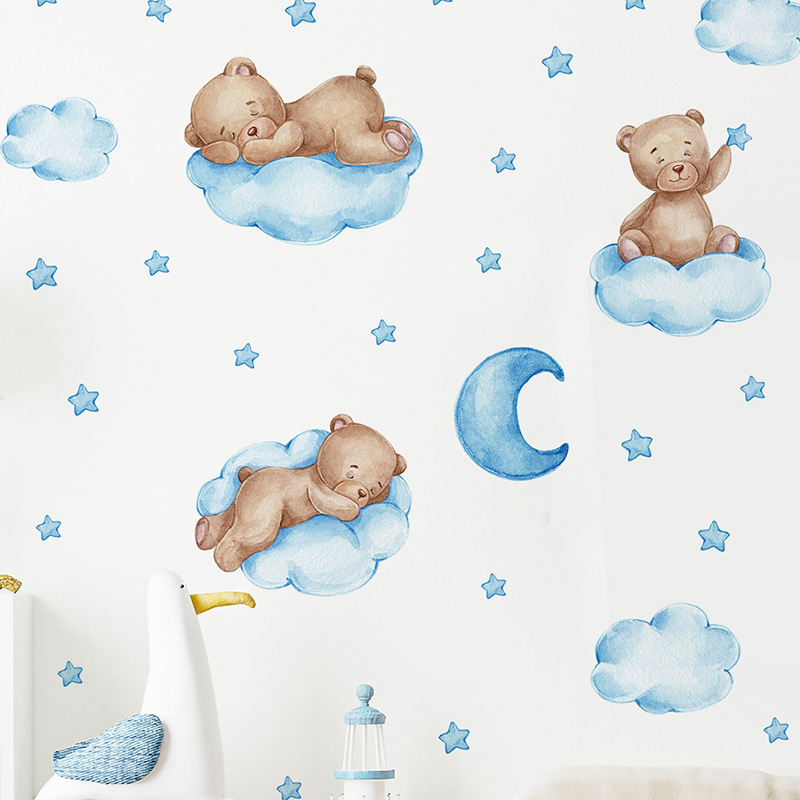 漫画ブルーテディベアムーンウォールステッカー子供部屋ベビー保 - Baby Nursery Wallpaper Girl のレビューと価格