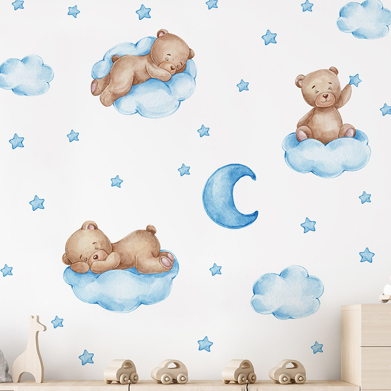 漫画ブルーテディベアムーンウォールステッカー子供部屋ベビー保 - Baby Nursery Wallpaper Girl のレビューと価格