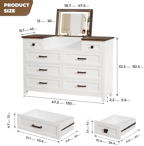 LEDミラー付きドレッサー、引き出し8個、ファームハウススタ - Drawer Dresser White のレビューと価格
