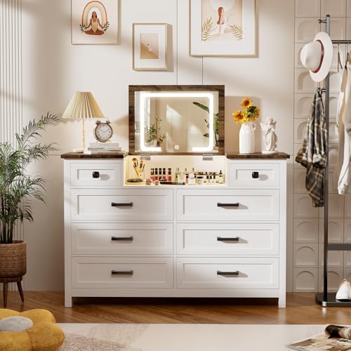 LEDミラー付きドレッサー、引き出し8個、ファームハウススタ - Drawer Dresser White のレビューと価格