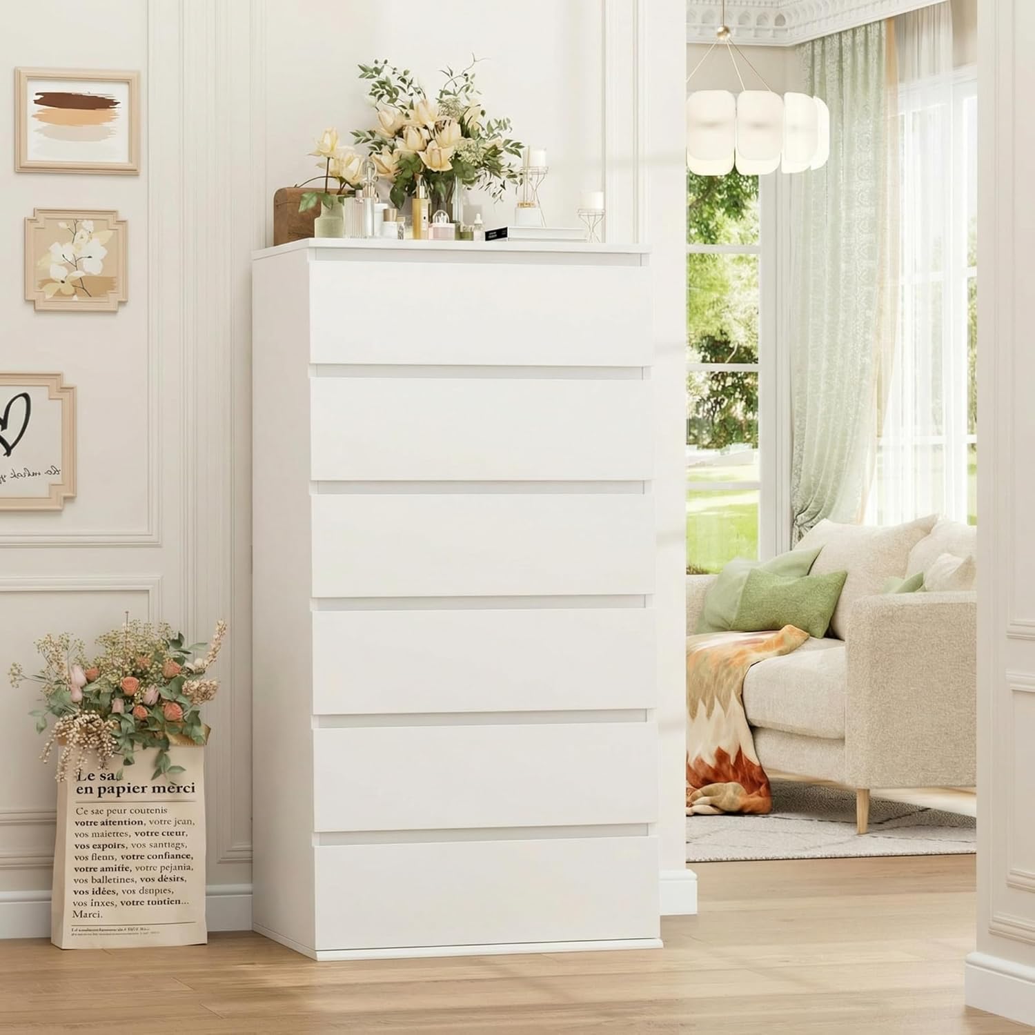 モダンな背の高い白い木製ドレッサー、家庭およびオフィス用、6 - Drawer Dresser White のレビューと価格