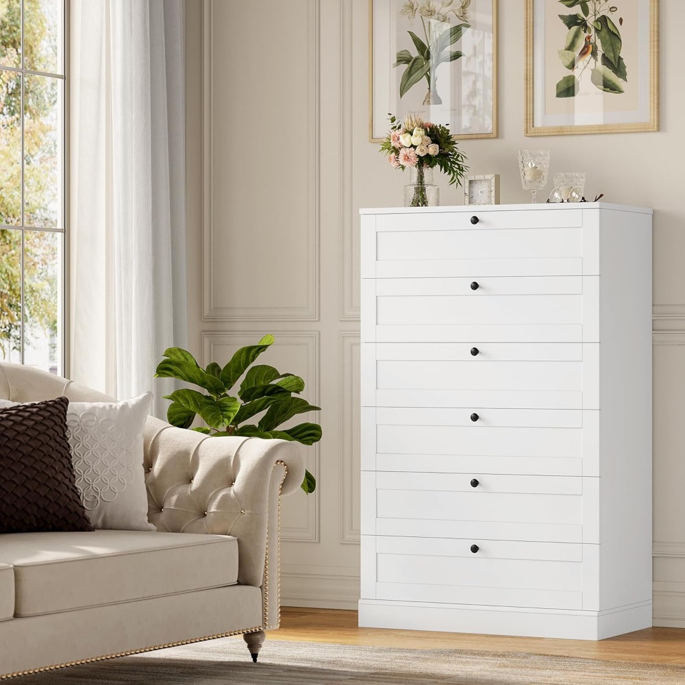 寝室用の絶妙な白い6段チェスト、高さ52インチのチェスト＆引 - Drawer Dresser White のレビューと価格