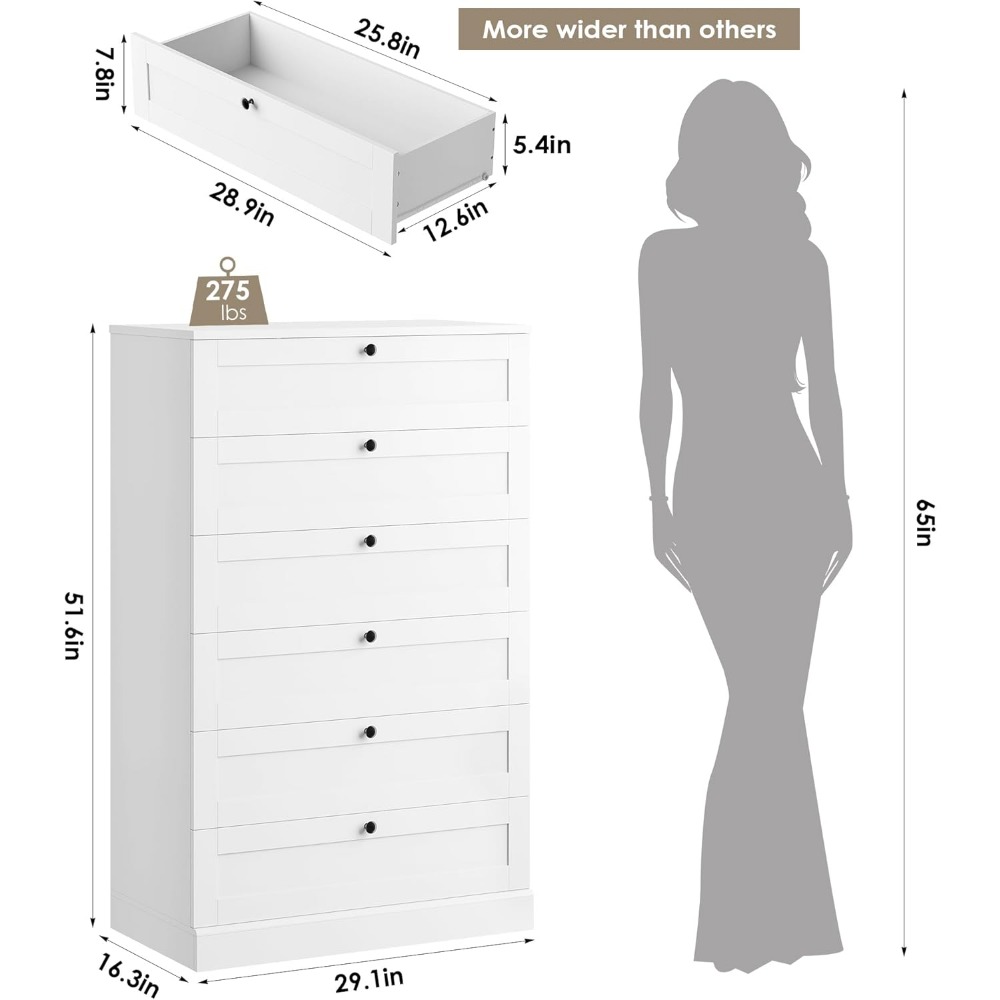 寝室用の絶妙な白い6段チェスト、高さ52インチのチェスト＆引 - Drawer Dresser White のレビューと価格