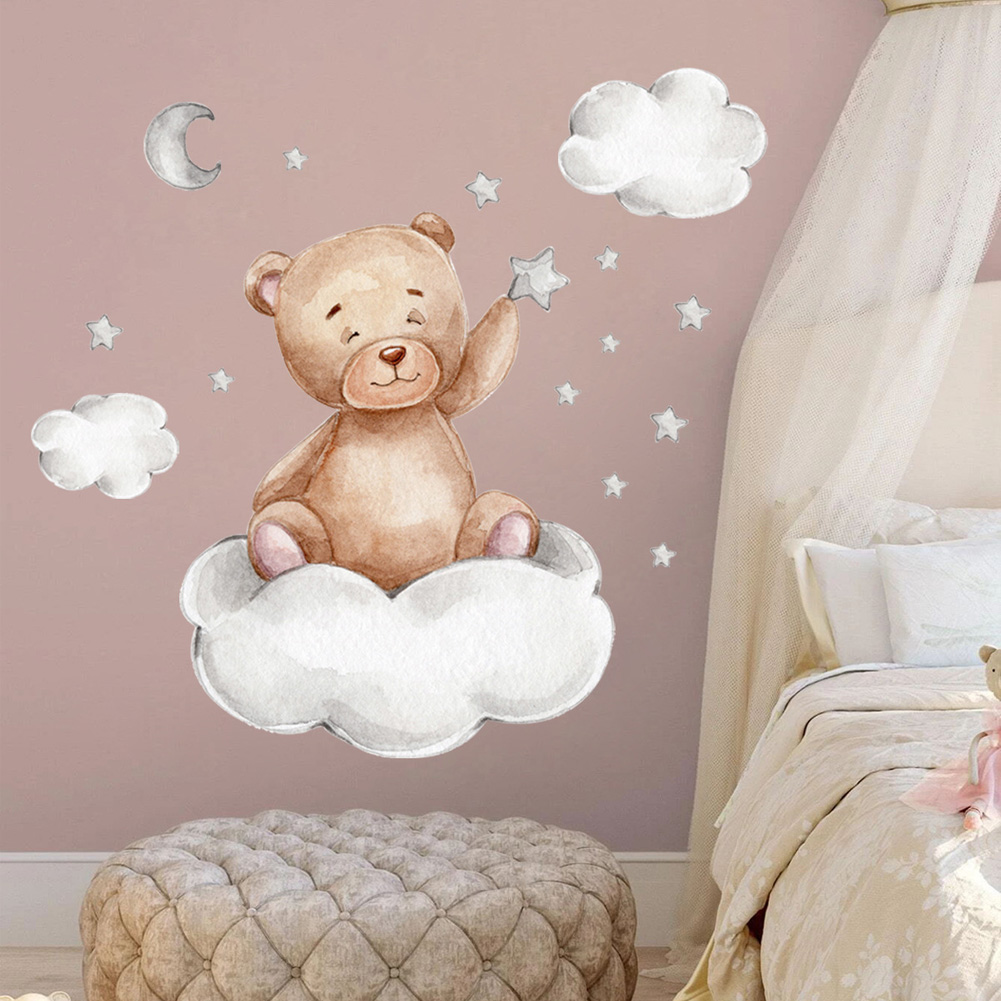 クマ月雲星ウォールステッカーベビールームの背景装飾壁画子供の - Baby Nursery Mural Wallpaper のレビューと価格