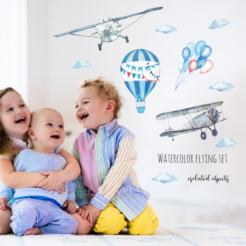 水彩飛行機熱気球ウォールステッカーベビールーム家の装飾 PV - Baby Nursery Mural Wallpaper のレビューと価格